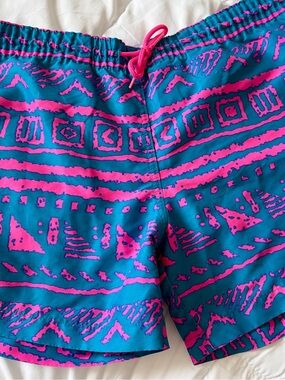chubbies Teal and Hot Pink Geometric Swim Trunks